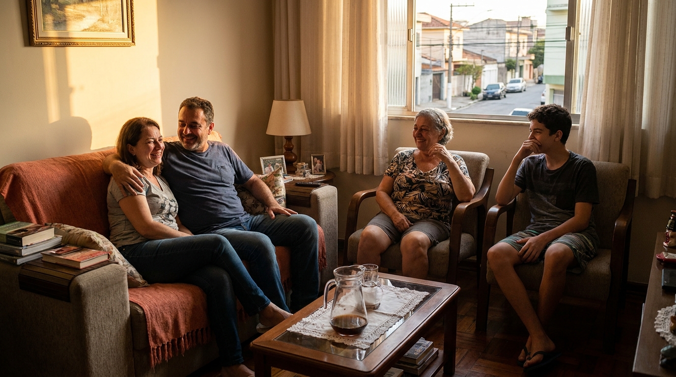 Família de empresário brasileiro aliviada e feliz em casa após garantir blindagem patrimonial e Compliance Fiscal