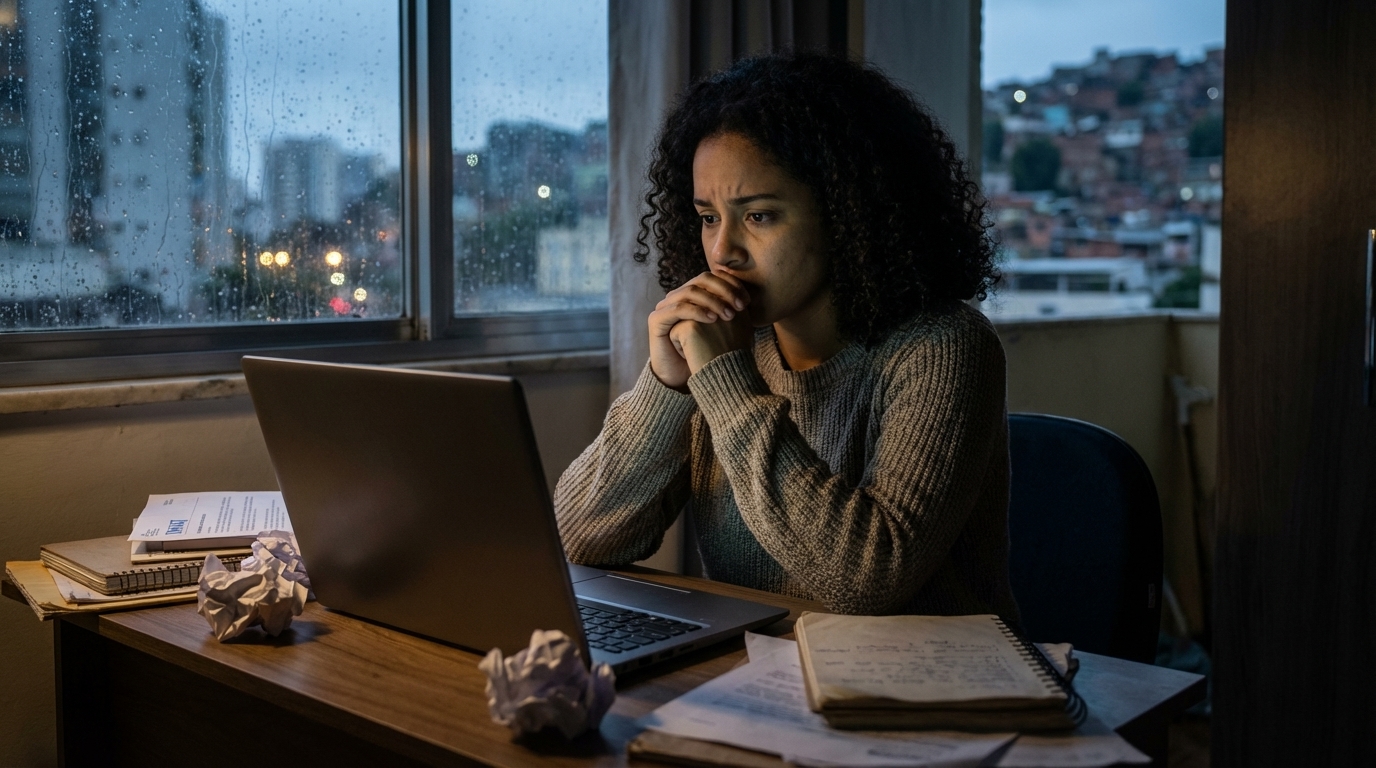 Jovem estudante brasileira ansiosa olhando para a tela do notebook aguardando e-mail da faculdade sobre atraso na emissão de diploma