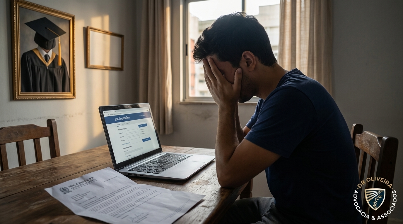 Rapaz brasileiro recém-formado frustrado com as mãos na cabeça na mesa de casa ao perder oportunidade de emprego por falta de documentos