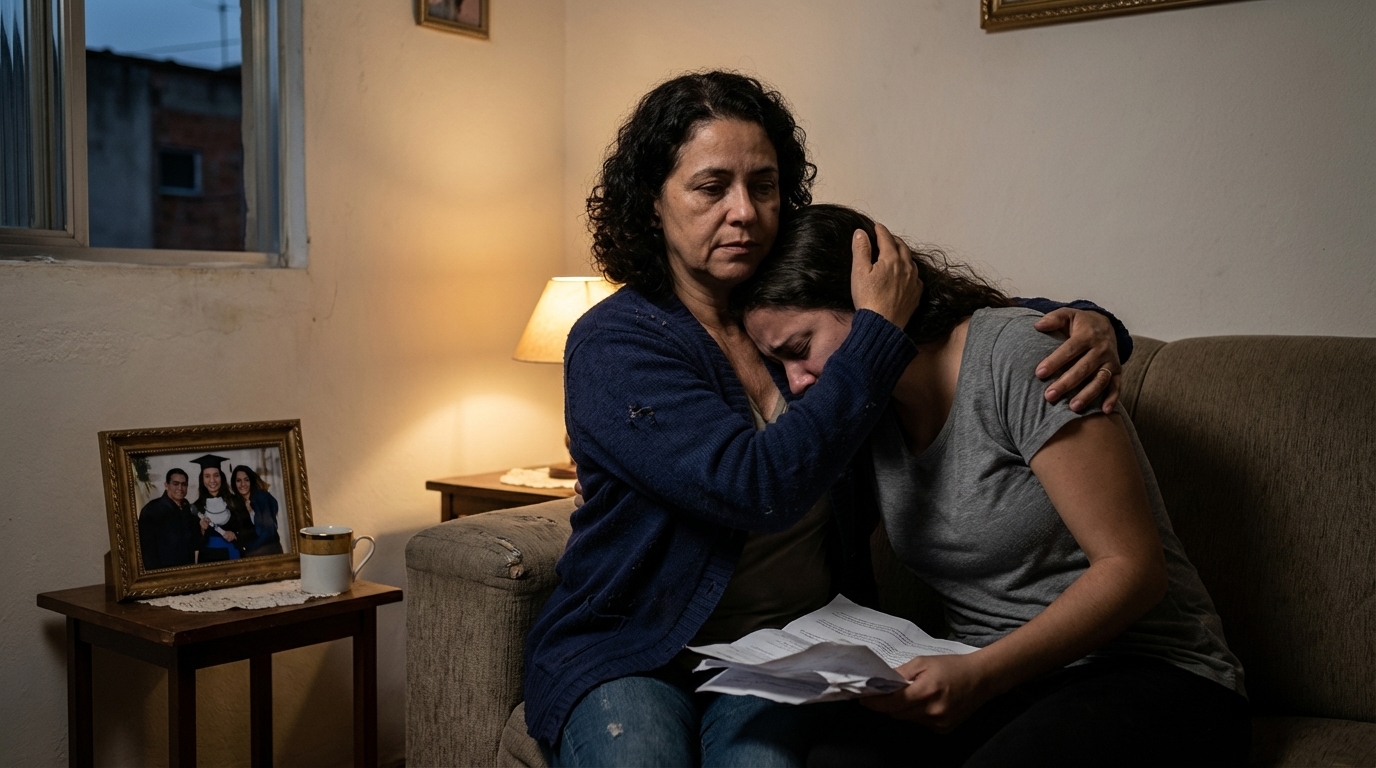 Mãe brasileira consolando filha chateada na sala de casa após perder a posse em concurso público devido a problemas com a universidade