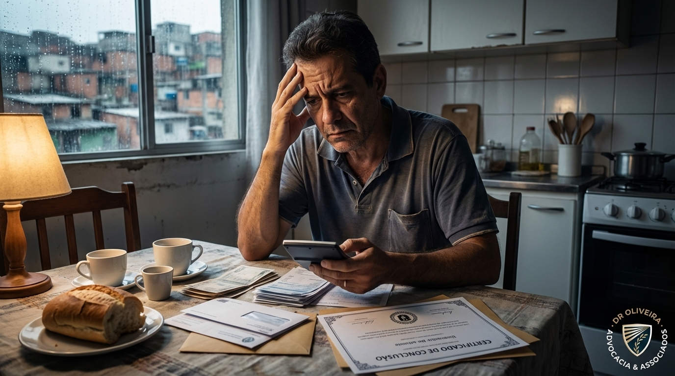 Trabalhador brasileiro fazendo contas preocupado na mesa da cozinha com documentos devido ao desemprego prolongado e falta de registro profissional