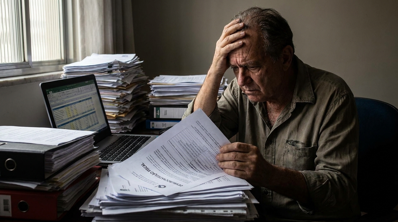 Empresário brasileiro preocupado em escritório analisando pilhas de documentos fiscais sobre desburocratização fiscal