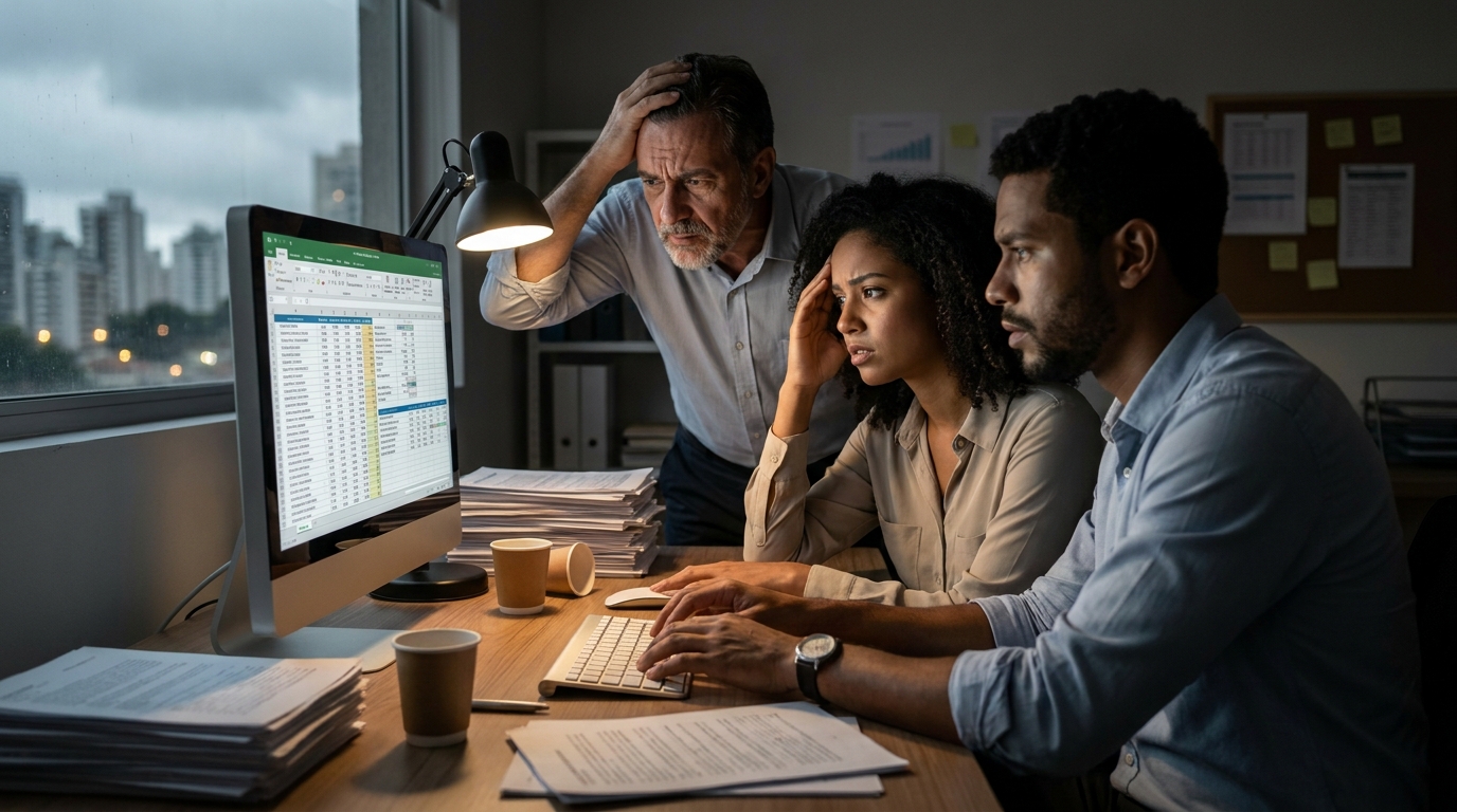 Equipe diversa de gestores brasileiros tensos analisando planilhas no computador buscando compliance tributário