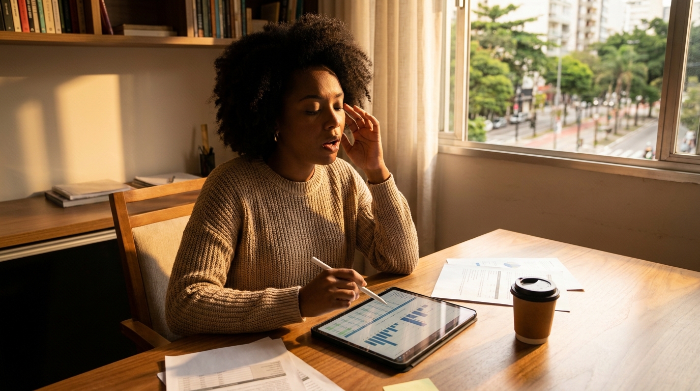 Empresária brasileira negra aliviada organizando finanças da empresa em um tablet após melhorar a eficiência do Estado