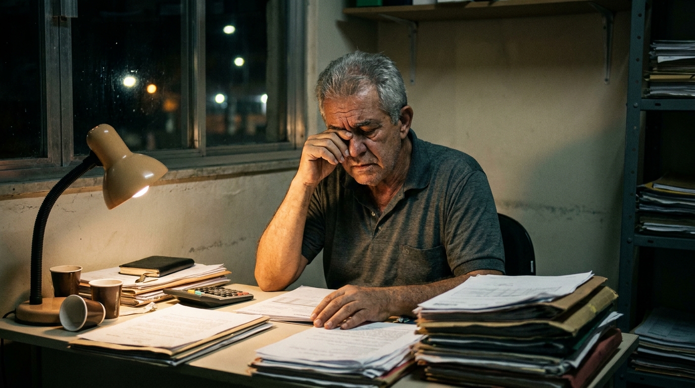Senhor brasileiro dono de pequeno negócio trabalhando até tarde organizando obrigações acessórias com expressão de cansaço