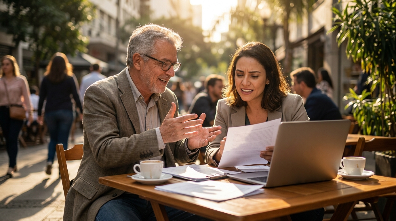 Dois sócios brasileiros de diferentes idades discutindo planejamento tributário com otimismo em uma mesa de café