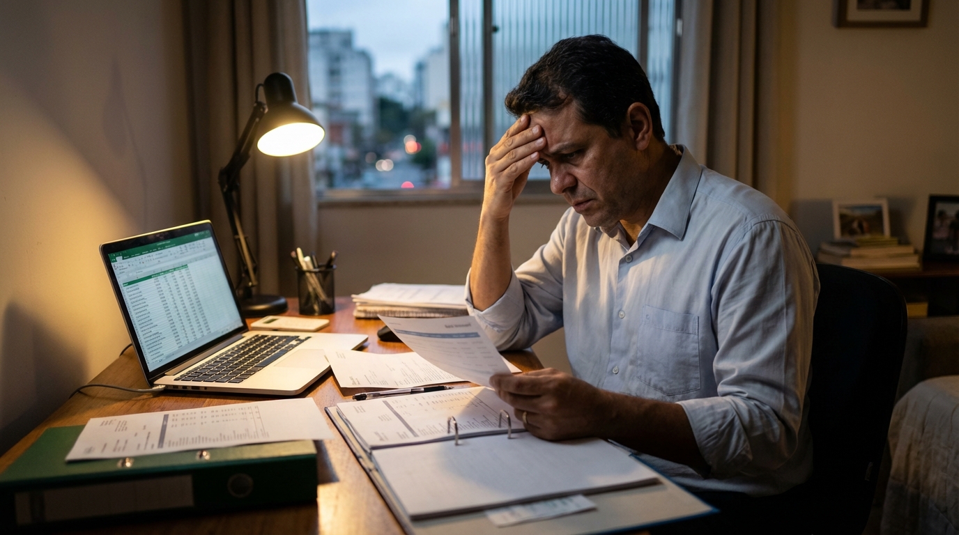 Empresário brasileiro preocupado analisando extratos bancários com desvio de dinheiro por sócio em seu escritório