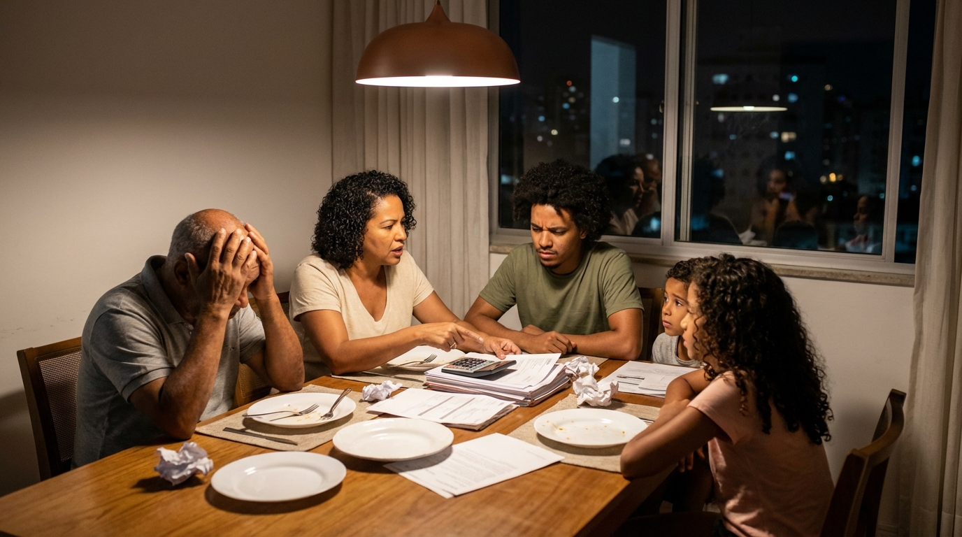 Família brasileira angustiada na mesa de jantar discutindo problemas financeiros causados por fraude societária e sonegação