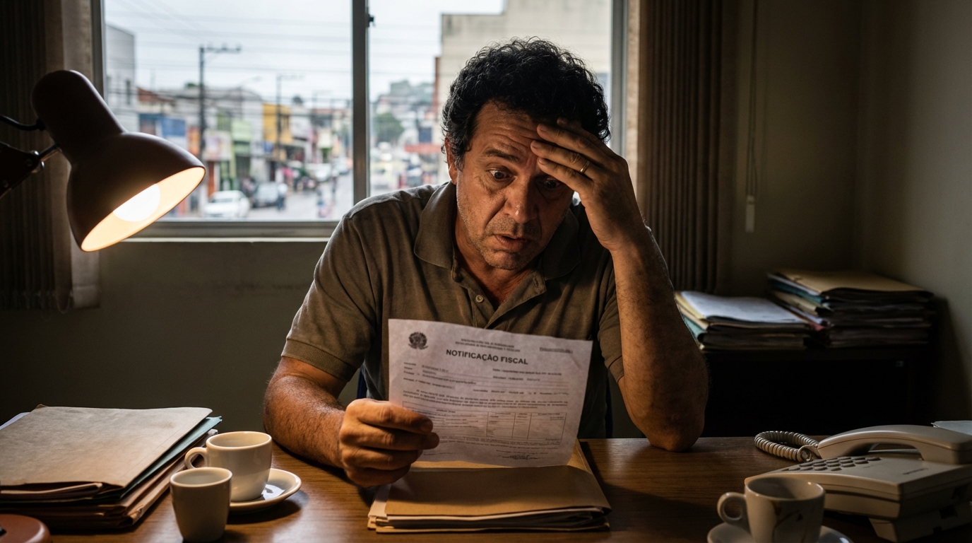 Pequeno empresário brasileiro lendo notificação fiscal de responsabilidade tributária dos sócios com expressão de choque