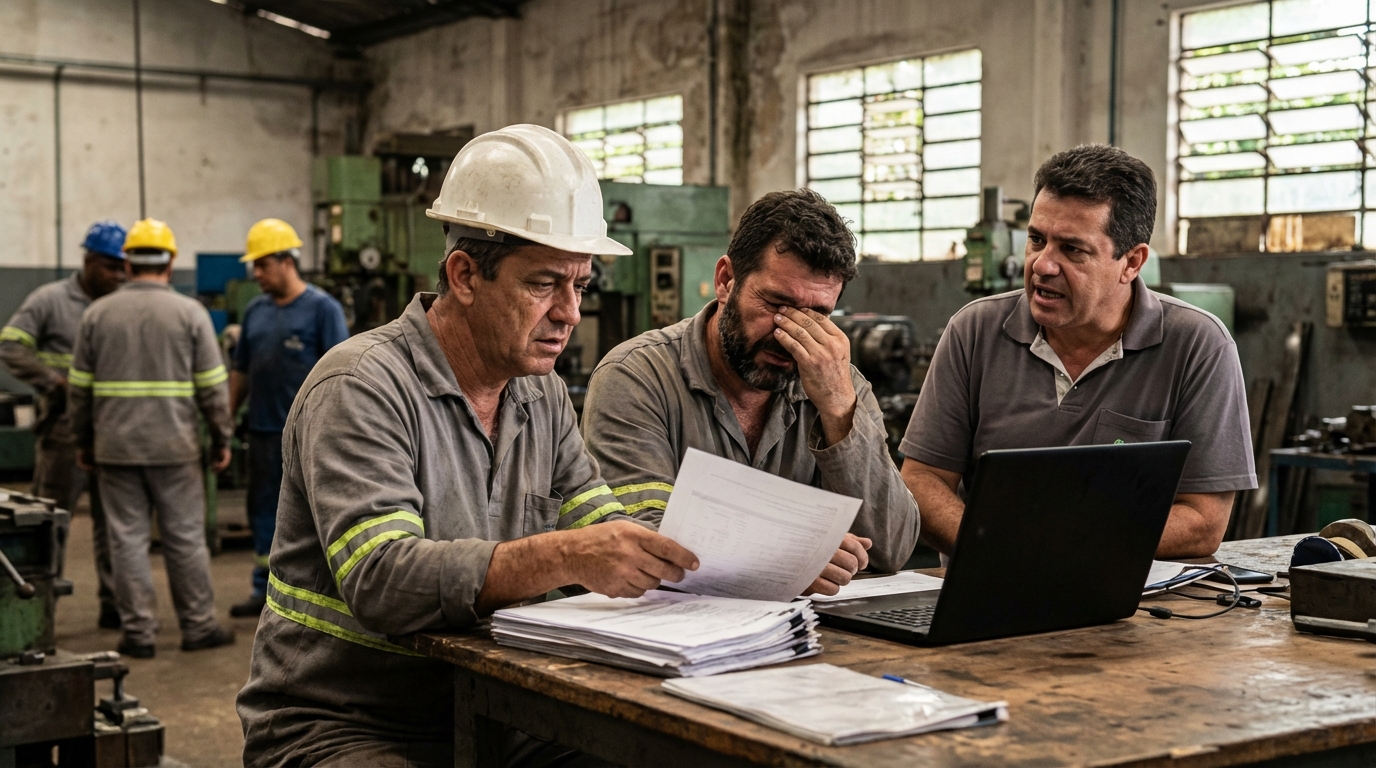 Trabalhadores e sócios brasileiros em uma fábrica discutindo defesa em execução fiscal após bloqueio de contas