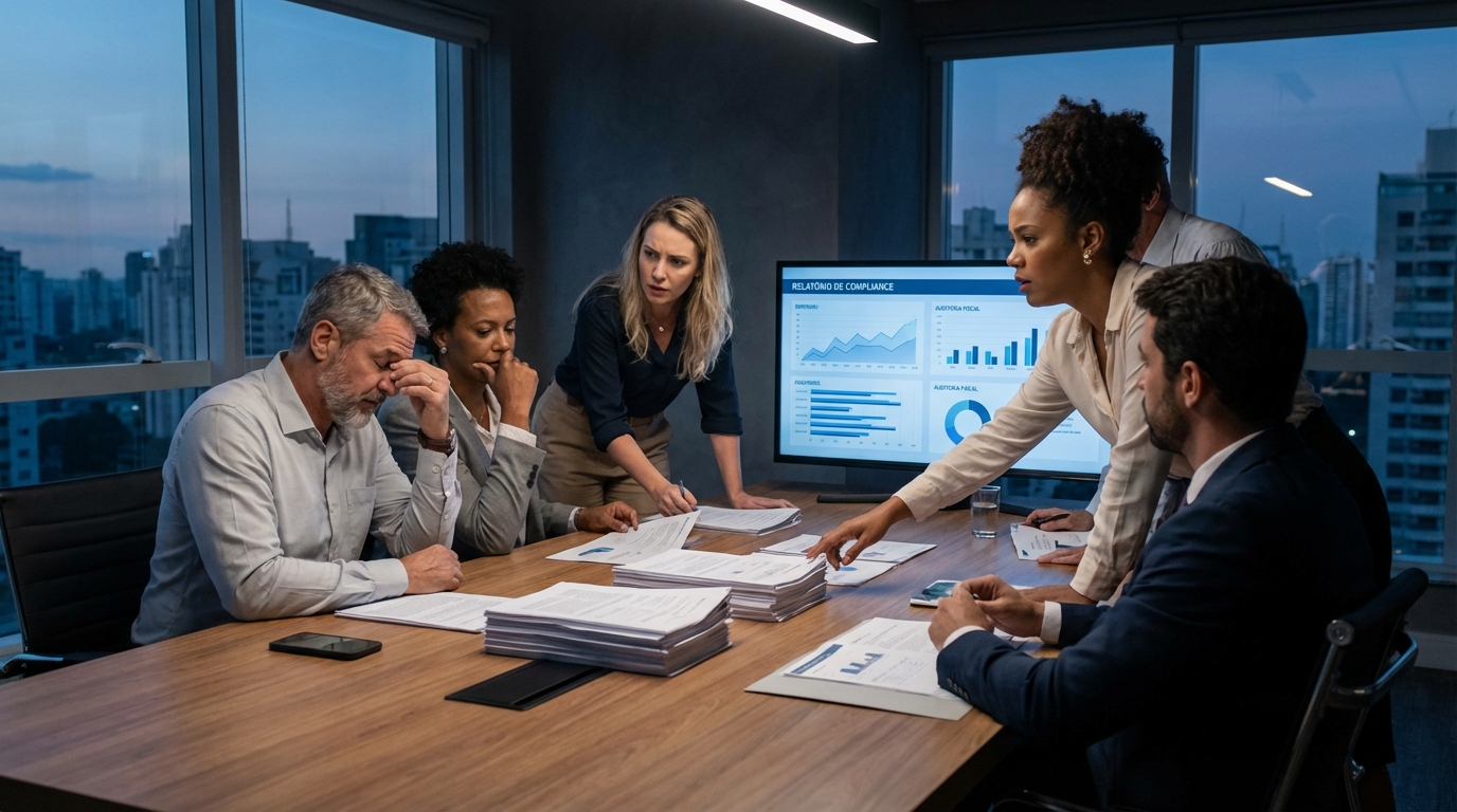 Equipe de gestores brasileiros em sala de reunião analisando relatórios de compliance fiscal empresarial com seriedade