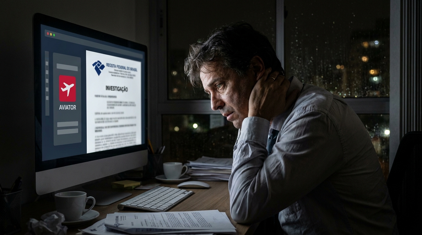 Empresário brasileiro de tecnologia tenso olhando para a tela do computador em escritório escuro iluminado apenas pelo monitor - jogo aviator justiça