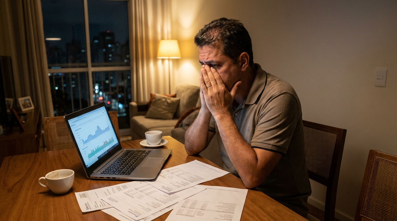 Investidor brasileiro preocupado com as mãos na cabeça analisando extratos bancários na mesa da sala de jantar - crimes empresariais apostas