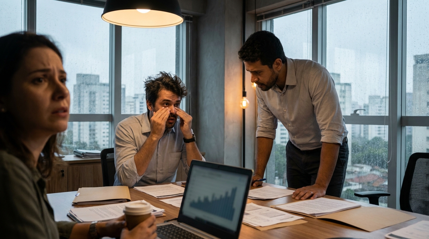 Sócios de startup brasileira discutindo apreensivos em sala de reunião com documentos espalhados pela mesa - direito penal econômico bets