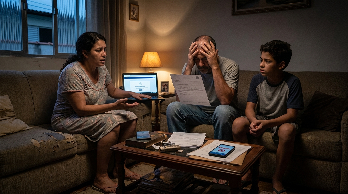 Família brasileira angustiada na sala de estar após receber notificação de bloqueio de contas bancárias - compliance lavagem de dinheiro
