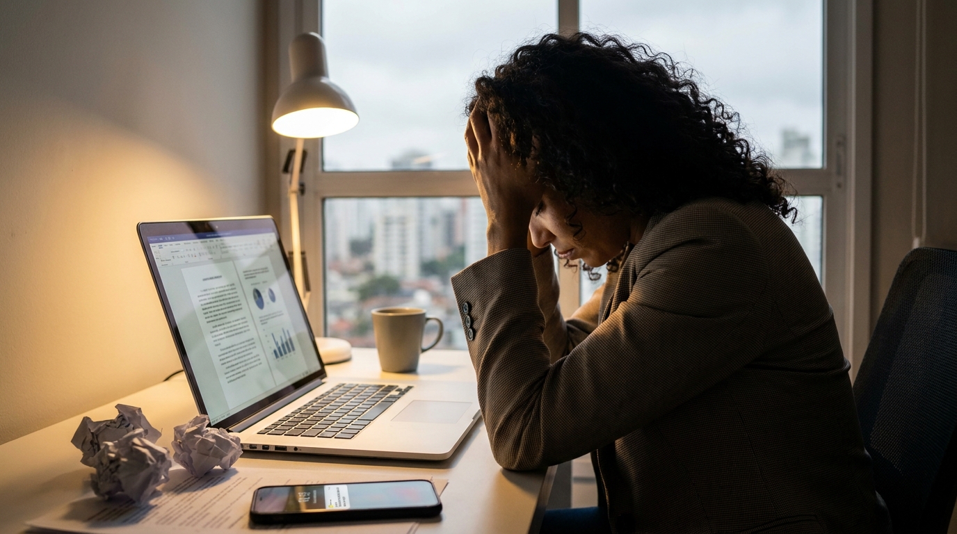 Executiva brasileira de tecnologia demonstrando exaustão emocional em frente ao notebook - fraude empresarial
