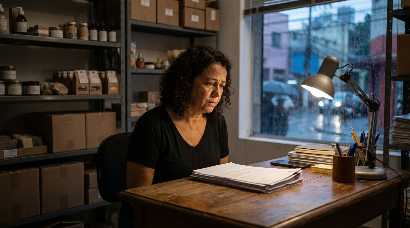 Mulher empreendedora brasileira pensativa em seu negócio local temendo o impacto de partilha de bens divórcio na sua loja