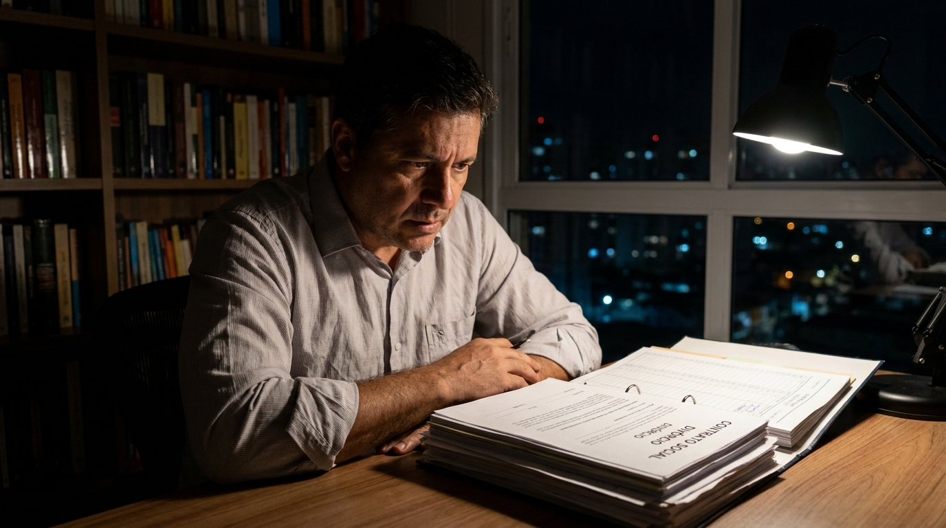 Empresário brasileiro preocupado analisando documentos contratuais em casa durante processo de quotas societárias divórcio