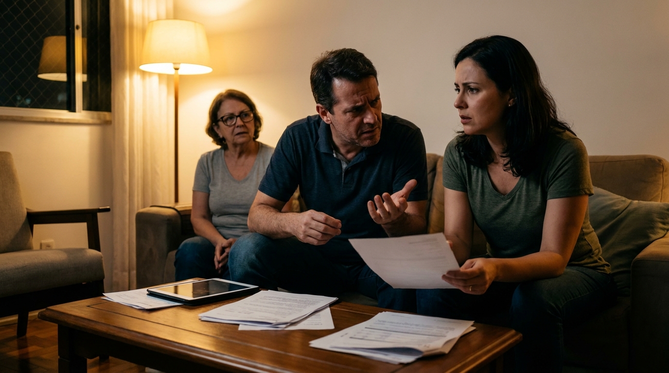 Família brasileira em discussão tensa na sala de estar sobre a comunhão parcial de bens e divisão de finanças