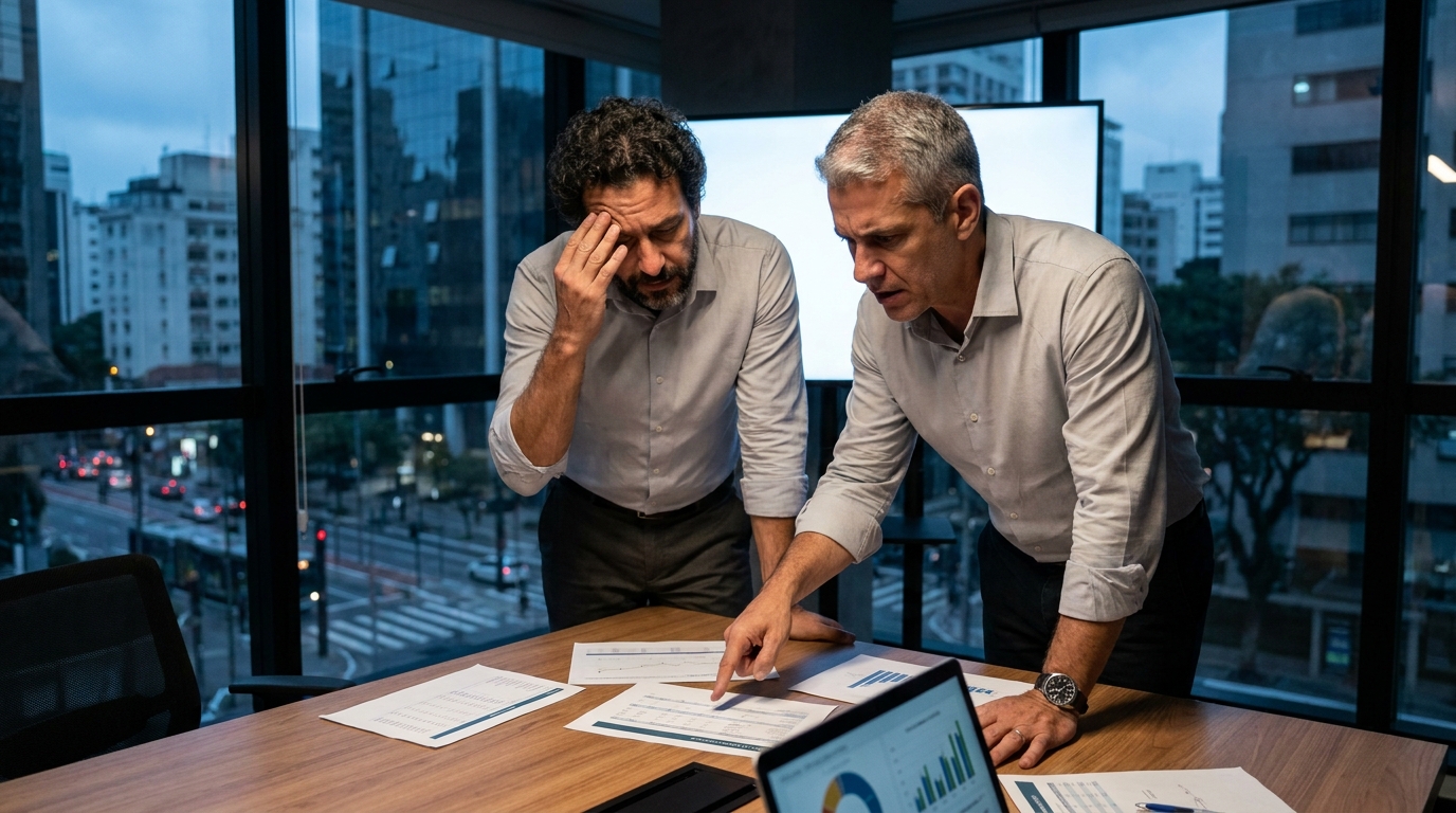 Dois sócios brasileiros em uma sala de reuniões discutindo o impacto financeiro de um divórcio de empresário na continuidade do negócio