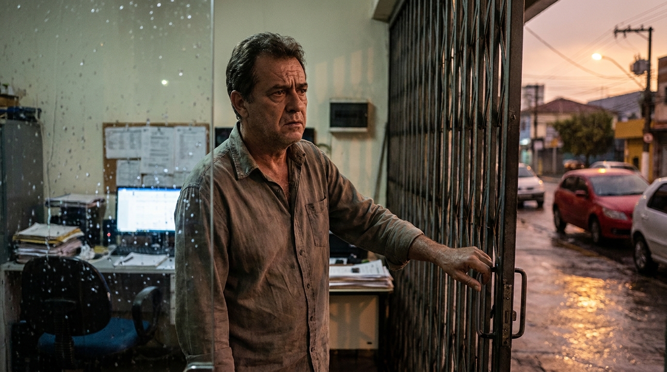 Comerciante brasileiro em seu escritório fechando as portas do estabelecimento com expressão de preocupação sobre proteção patrimonial