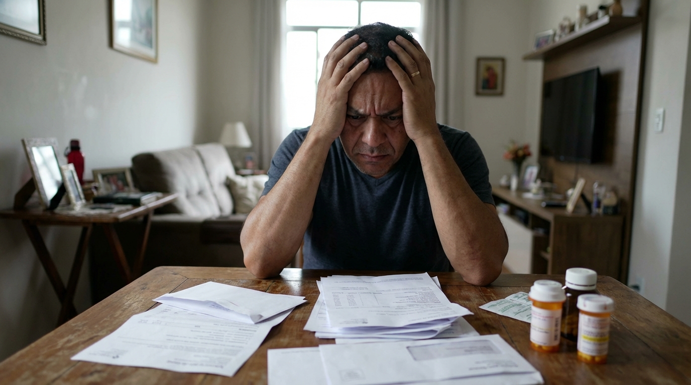 Trabalhador brasileiro com expressão de extrema angústia e preocupação analisando contas médicas e receitas de medicamentos na mesa da sala de sua casa simples - direitos do paciente afastado