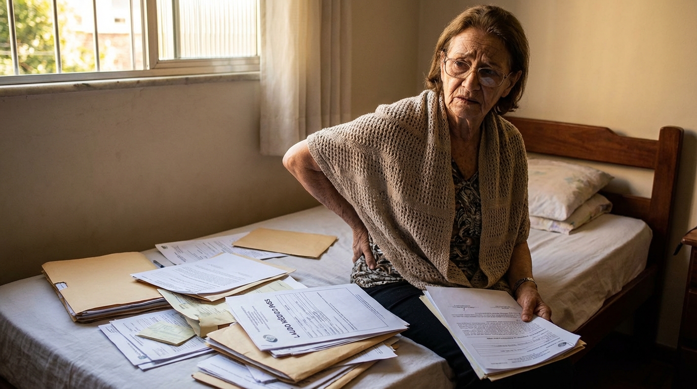 Mulher brasileira idosa com dores crônicas organizando uma grande pilha de laudos médicos, exames e pastas de saúde em cima da cama com olhar cansado - laudo médico INSS