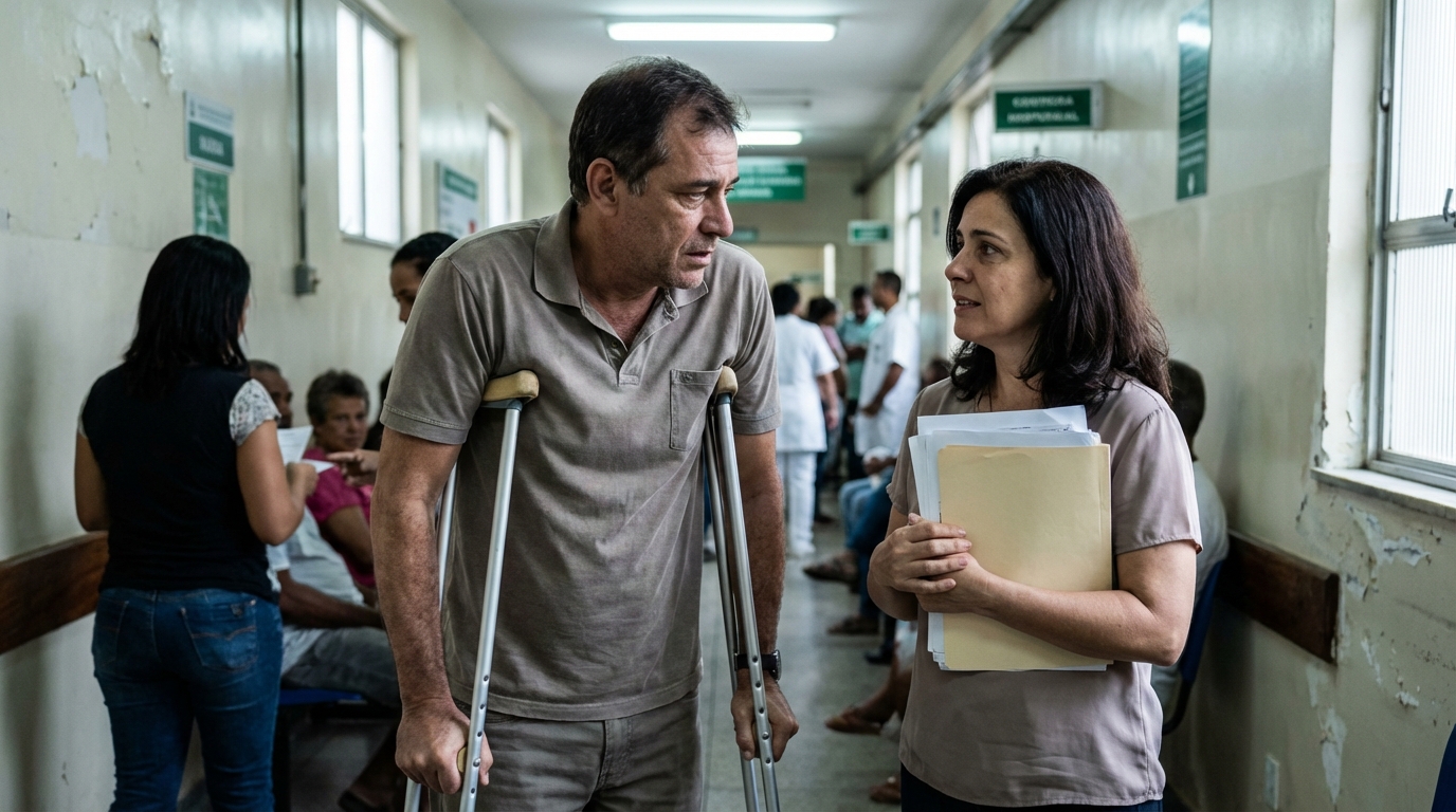 Homem brasileiro de meia idade usando muletas no corredor de um hospital público conversando com sua esposa que segura documentos com expressão de esperança e preocupação - auxílio-doença