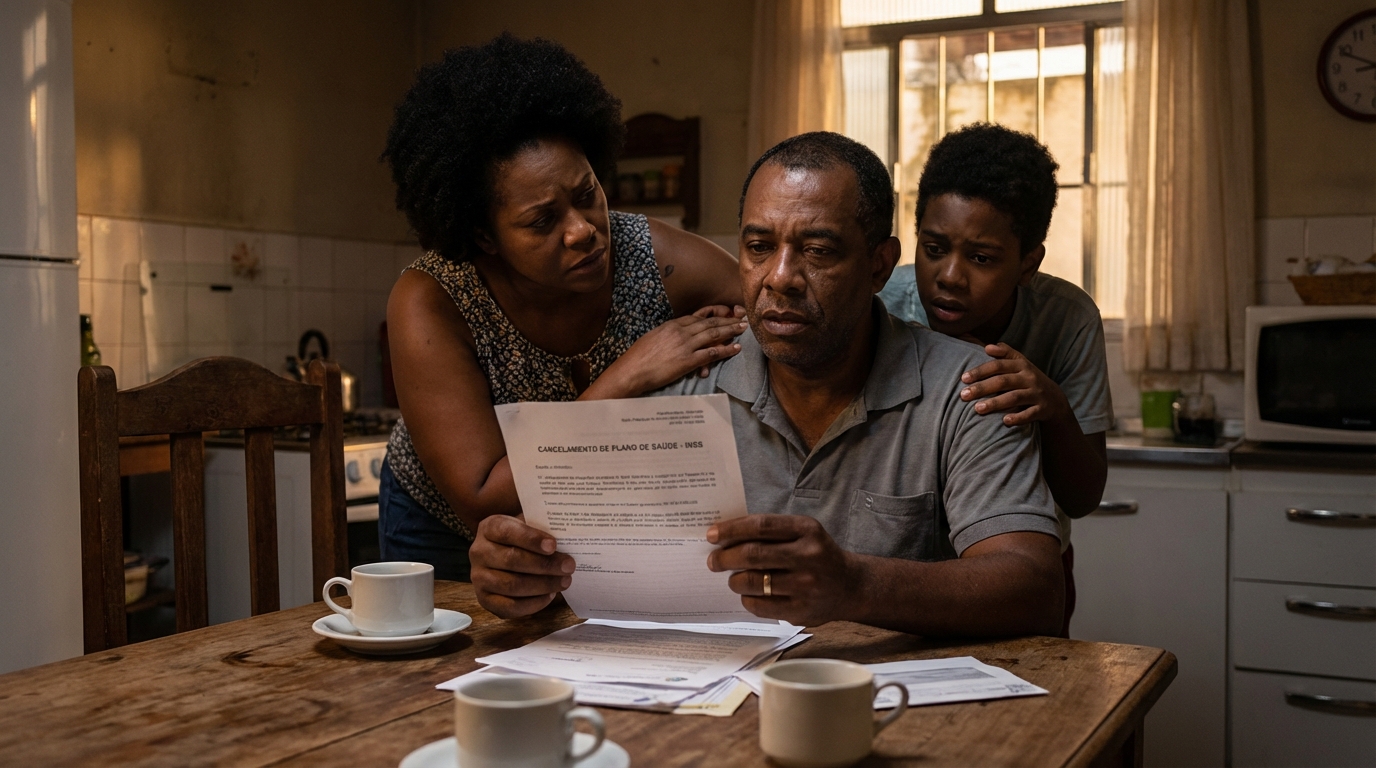 Família brasileira negra reunida na mesa da cozinha, mãe abraçando o pai doente que segura uma carta de notificação de plano de saúde com expressão chocada - cancelamento plano de saúde INSS