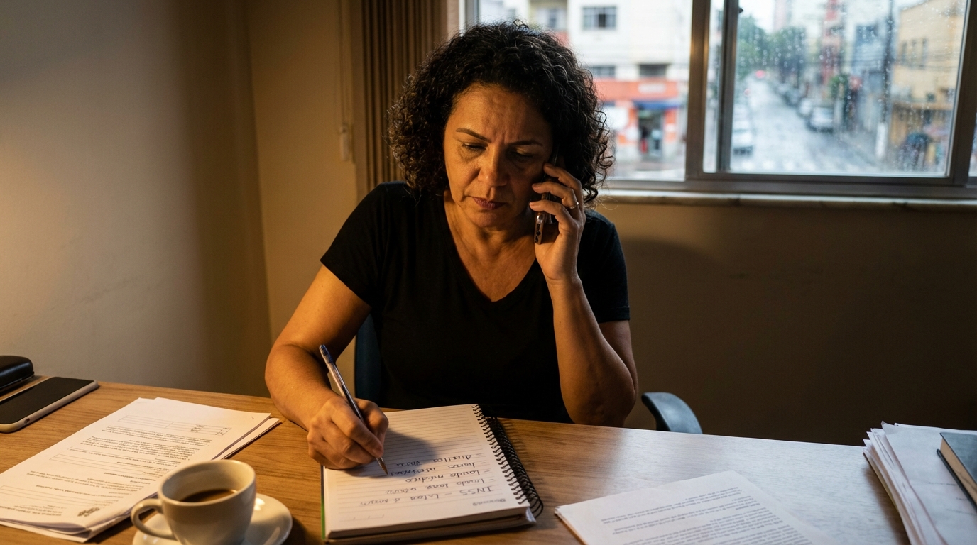 Mulher brasileira determinada falando ao celular em seu escritório doméstico enquanto anota informações em um caderno sobre direitos jurídicos - aposentadoria por invalidez