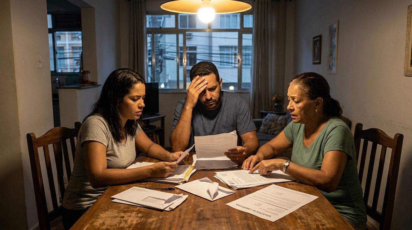 Família brasileira preocupada revisando relatórios médicos e documentos na mesa de jantar após receber negativa de plano de saúde para medicamentos de alto custo