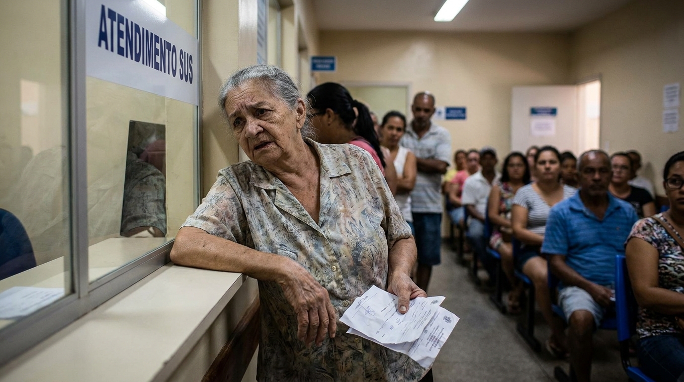Mulher idosa brasileira com expressão de angústia segurando receitas médicas vazias na frente do guichê do Sistema Único de Saúde buscando doenças raras SUS
