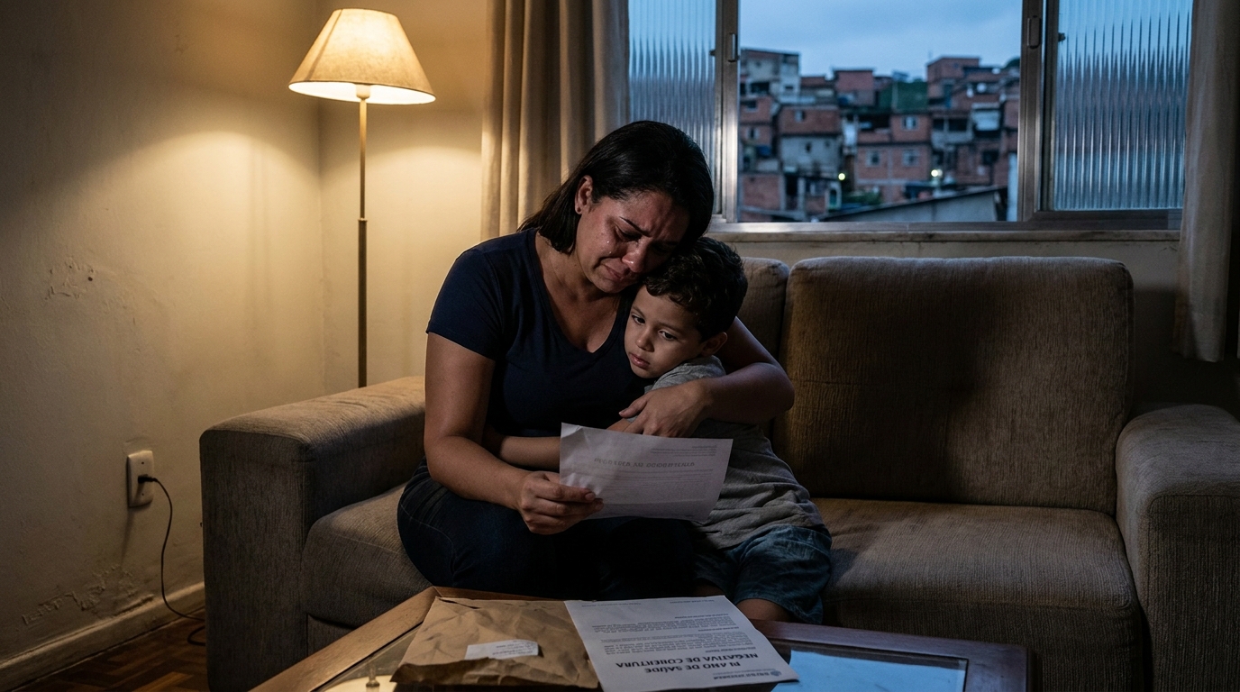 Mãe brasileira chorando abraçada ao filho pequeno no sofá de casa após receber uma carta de negativa de plano de saúde para tratamento essencial