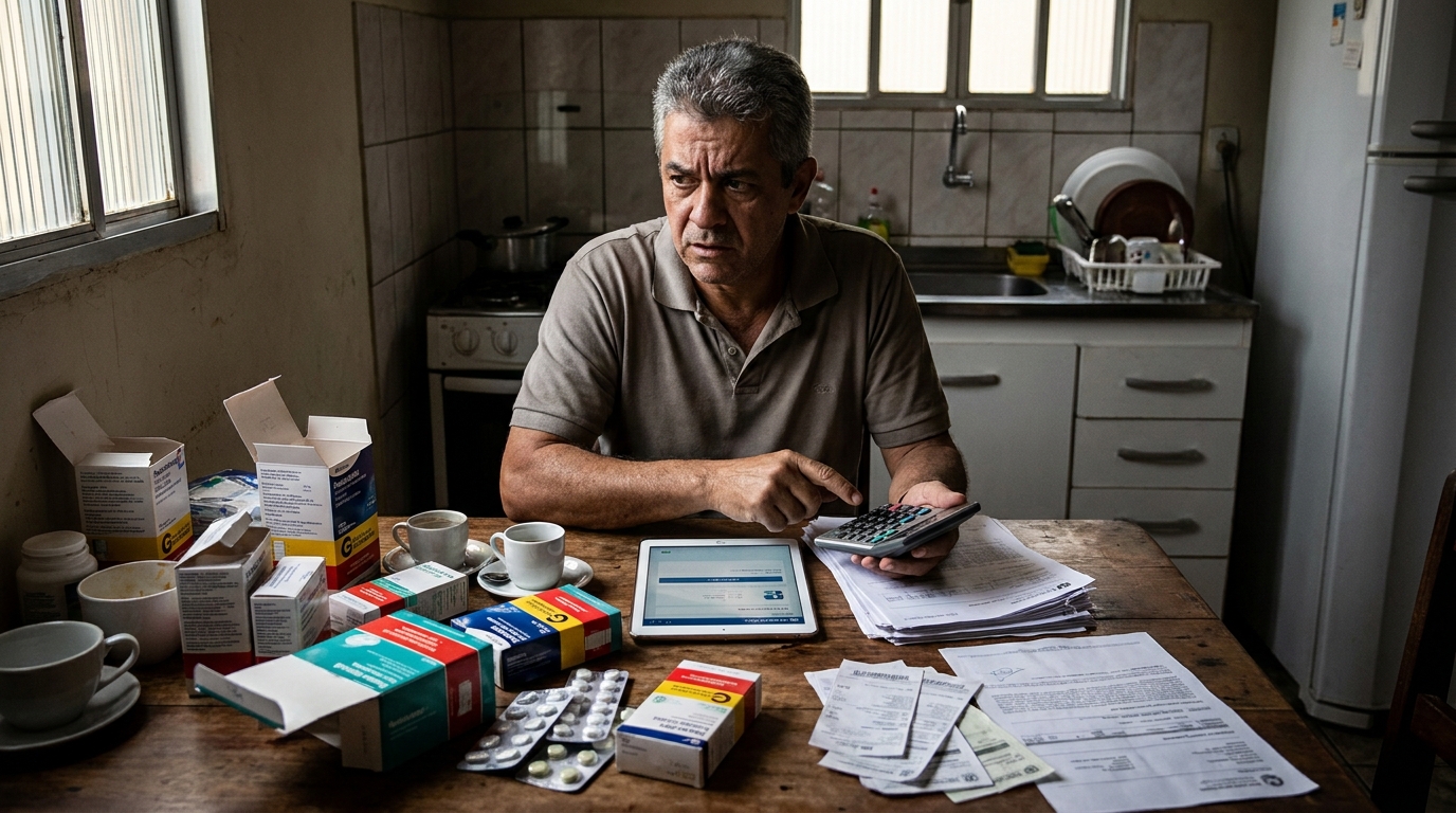Homem brasileiro de meia idade com direitos do paciente crônico organizando diversas caixas de remédios caros na mesa da cozinha com expressão de preocupação financeira
