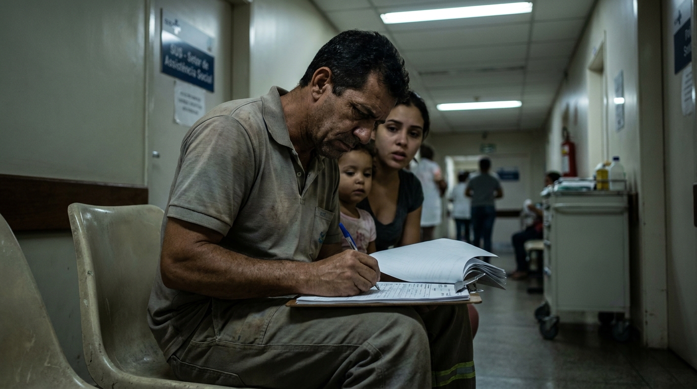 Pai brasileiro assinando documentos e formulários urgentes em uma prancheta no corredor do hospital buscando uma liminar para tratamento médico para sua filha