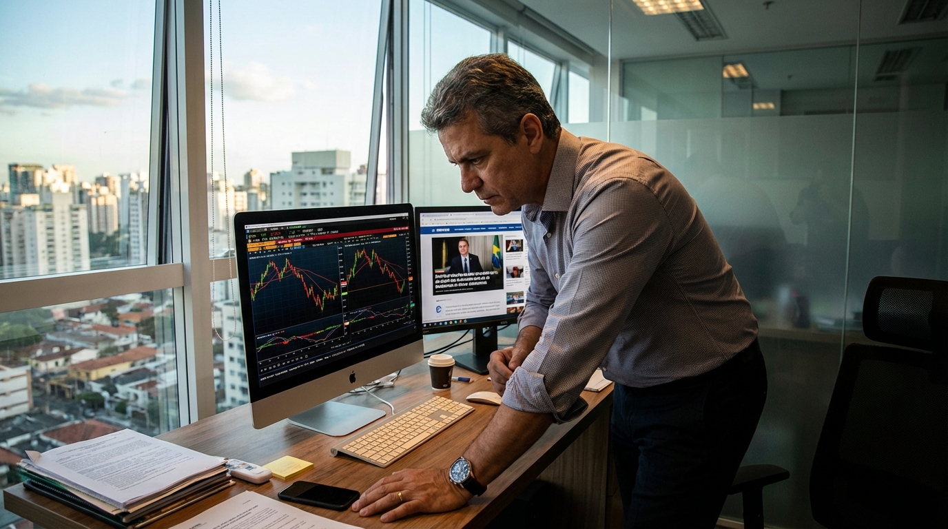 Empresário brasileiro em escritório moderno analisando gráficos financeiros em tela de computador com expressão de foco intenso - planejamento tributário