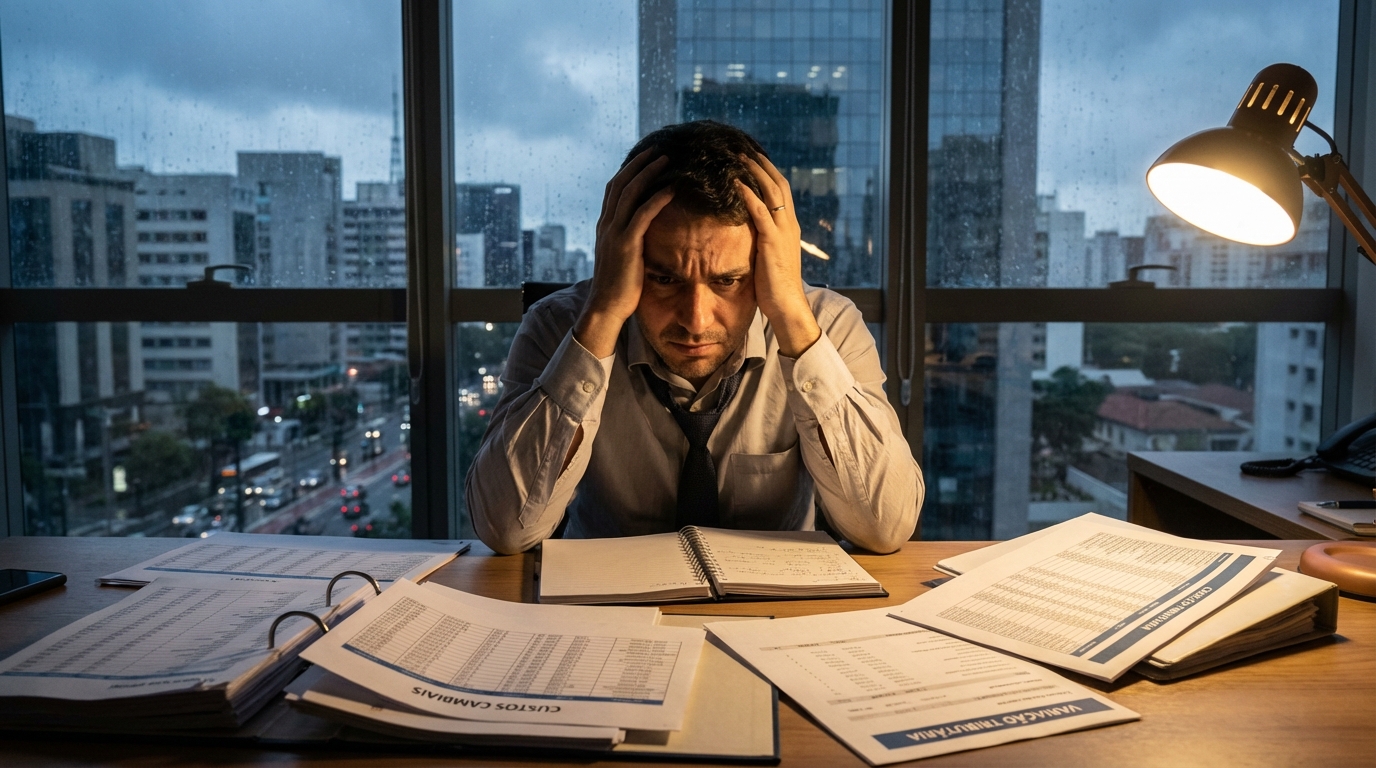 Gestor financeiro brasileiro em escritório corporativo com expressão de extrema preocupação revisando pilhas de planilhas de custos e contratos - tributação variação cambial