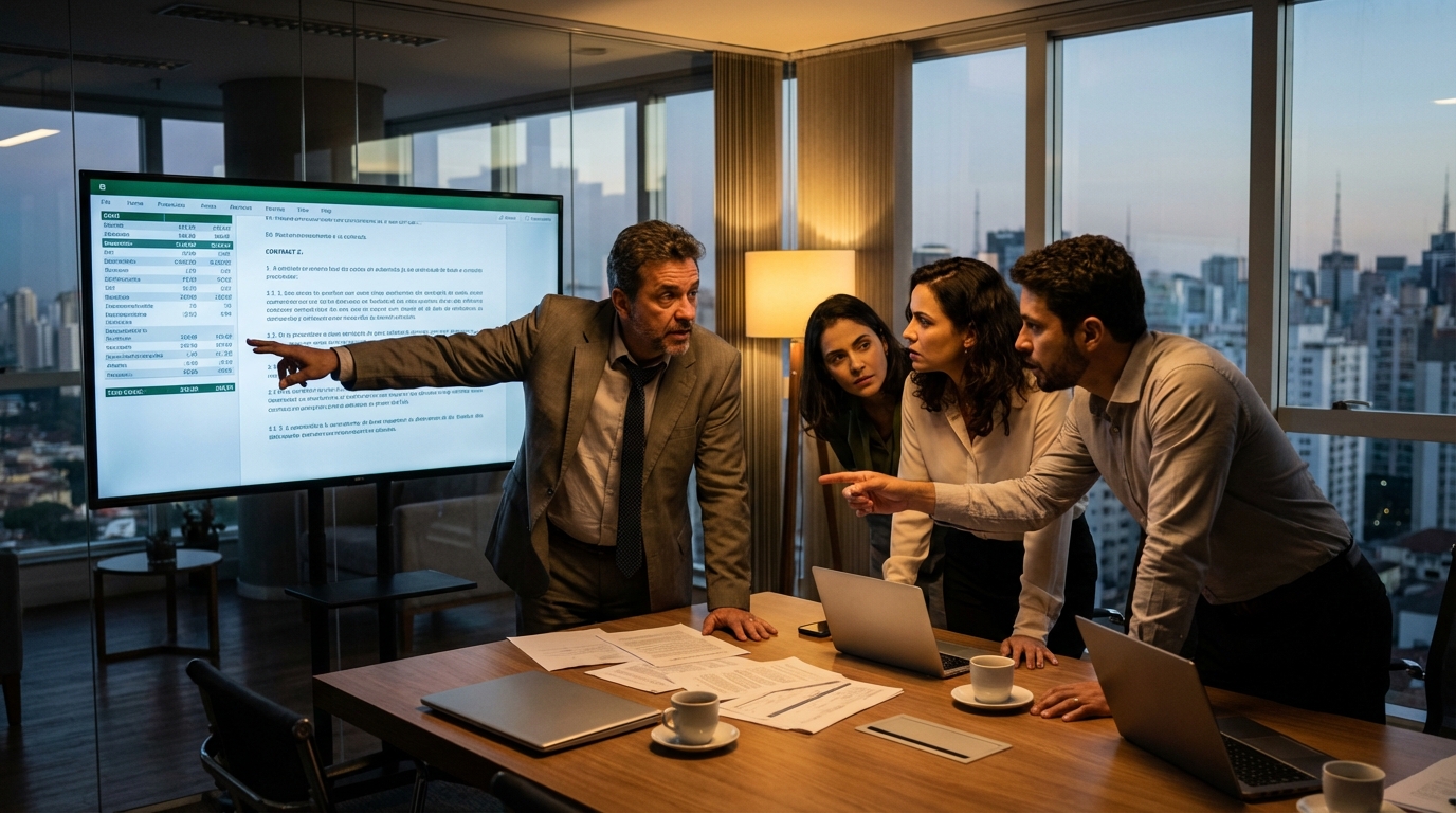 CFO brasileiro de meia idade em sala de reunião discutindo intensamente os termos de um contrato com sua equipe, demonstrando atenção aos detalhes - investimento estrangeiro