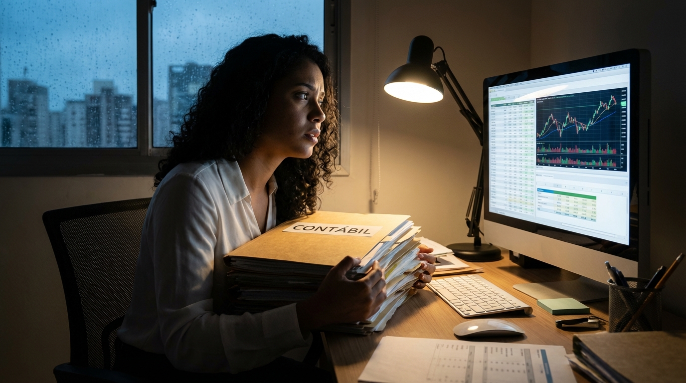 Empresária brasileira jovem e apreensiva segurando pastas de documentos contábeis em frente ao computador no escritório, visivelmente sobrecarregada - direito societário