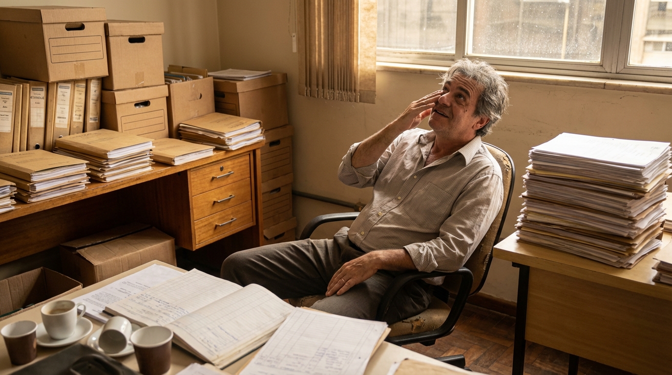 Contador brasileiro de meia idade organizando inúmeras pastas de arquivos físicos com semblante de exaustão e alívio após uma longa auditoria de rotina - compliance fiscal