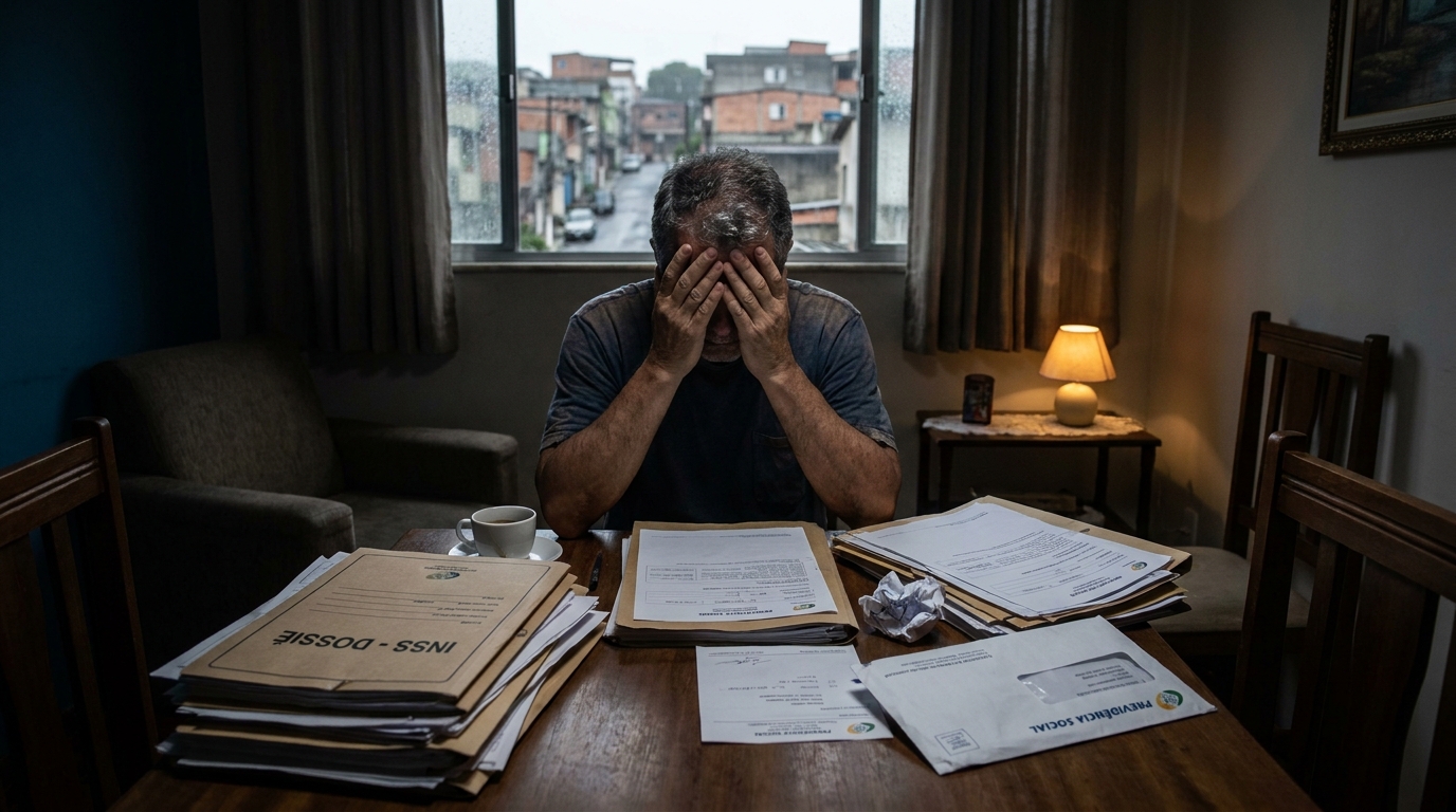 Homem brasileiro preocupado sentado na mesa da sala com as mãos na cabeça, rodeado por exames médicos e temendo acusação de estelionato previdenciário