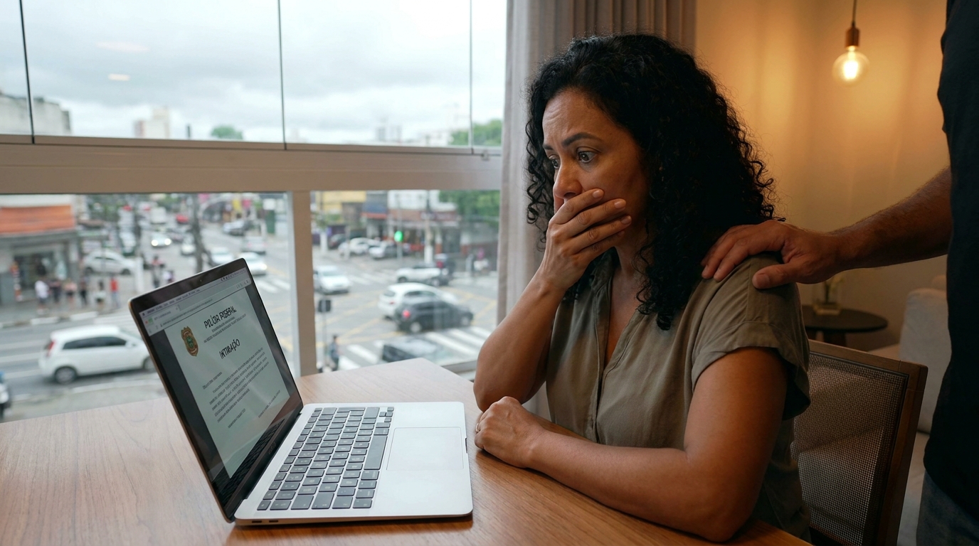 Mulher brasileira empresária olhando para tela de notebook com expressão de choque após receber intimação da Polícia Federal por fraude no INSS