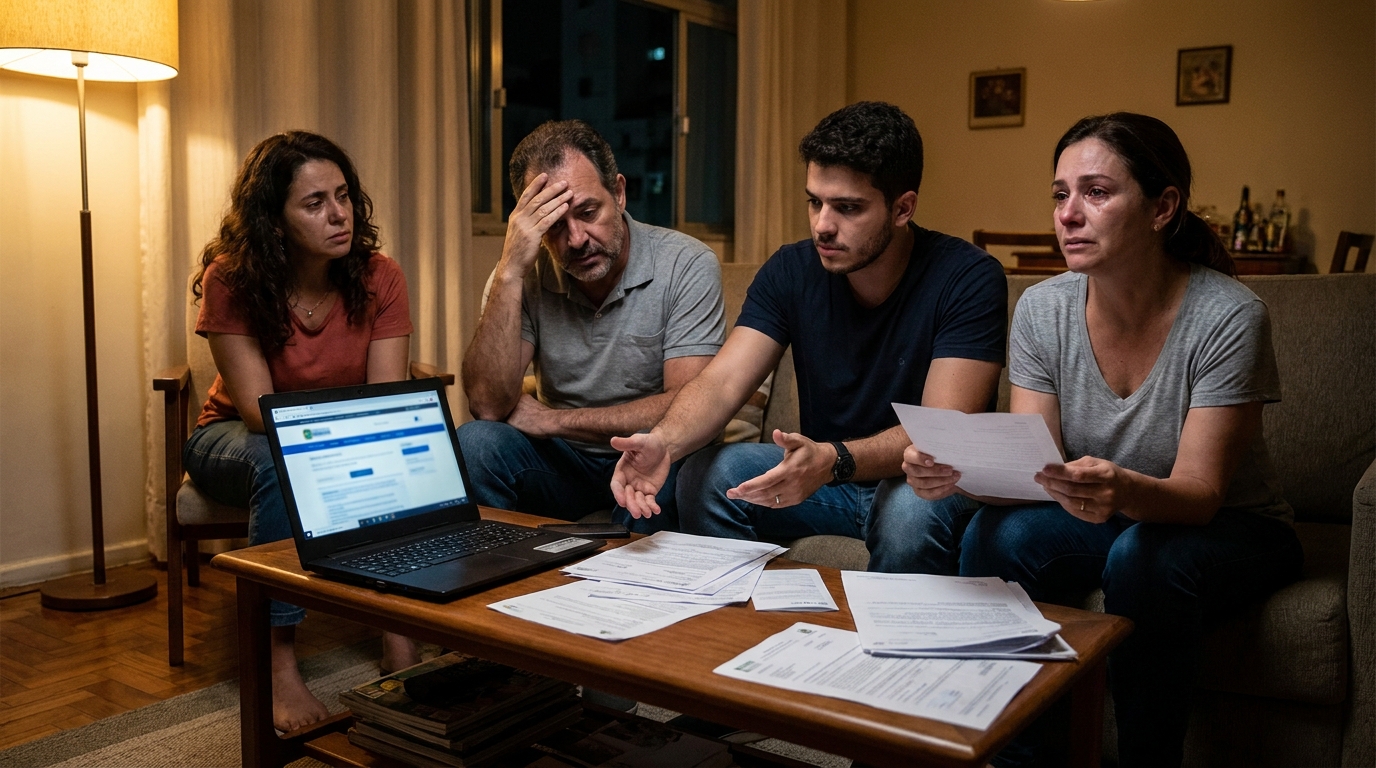 Família brasileira angustiada na sala de estar, discutindo documentos legais e bloqueio de bens pelo Ministério Público Federal