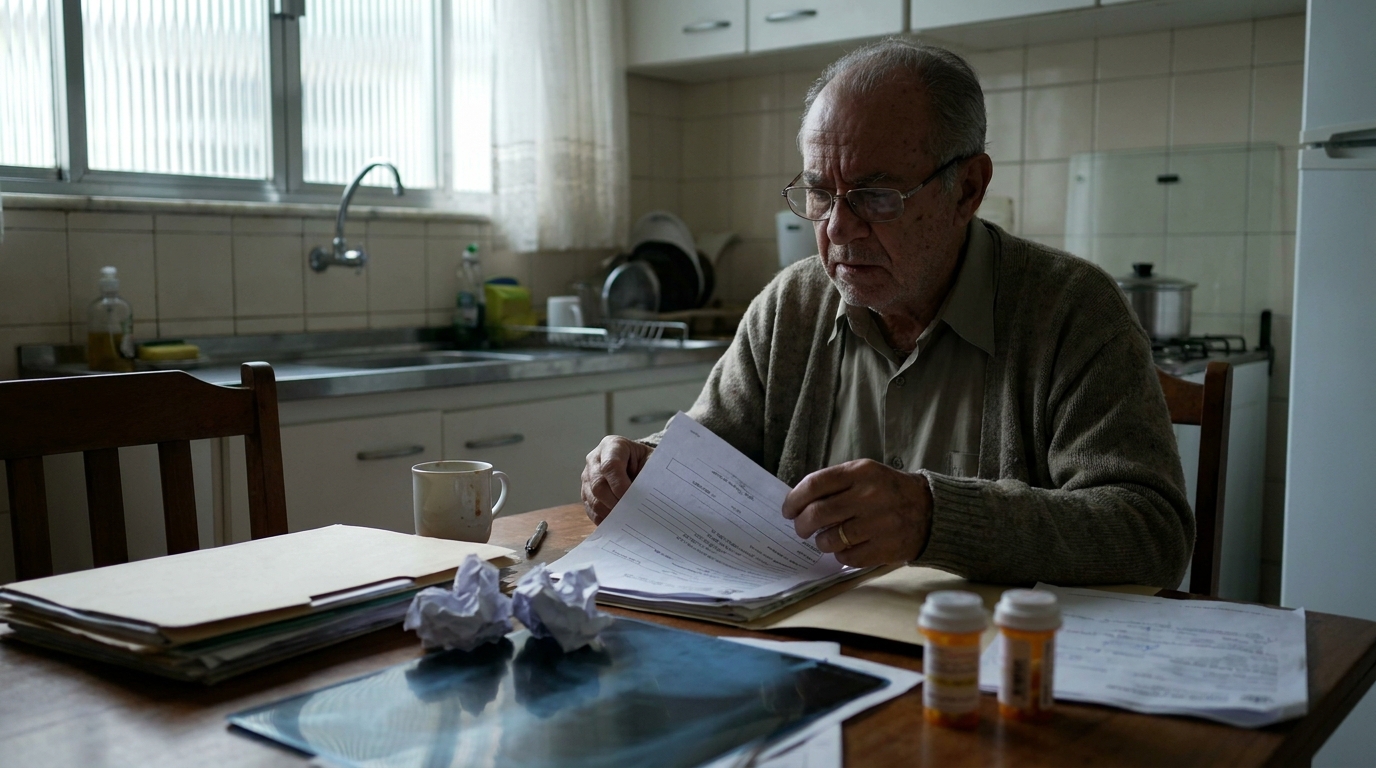 Senhor idoso brasileiro organizando exames médicos originais e receitas na mesa da cozinha, preparando um dossiê legítimo para o INSS