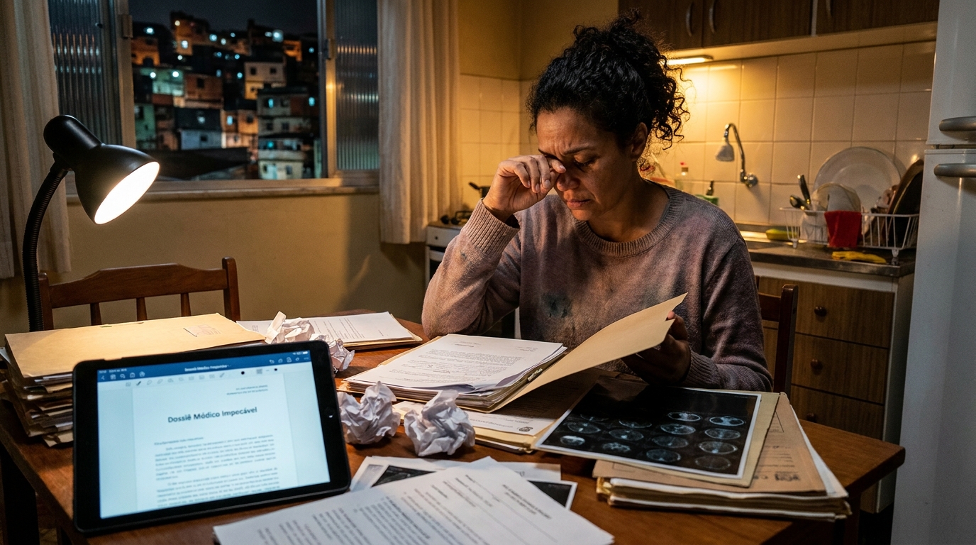 Mãe brasileira exausta organizando documentos médicos na mesa da cozinha à noite dossiê médico INSS