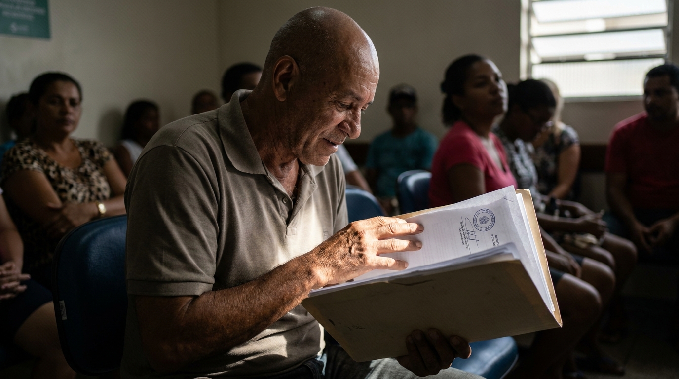 Paciente oncológico brasileiro com expressão de alívio segurando laudo médico para plano de saúde na sala de espera