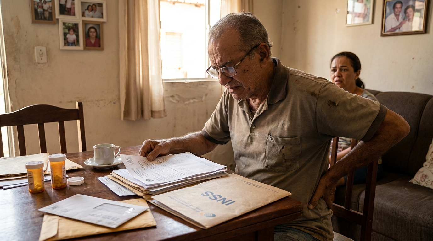 Trabalhador brasileiro idoso com dores nas costas revisando documentos perícia médica na sala de casa