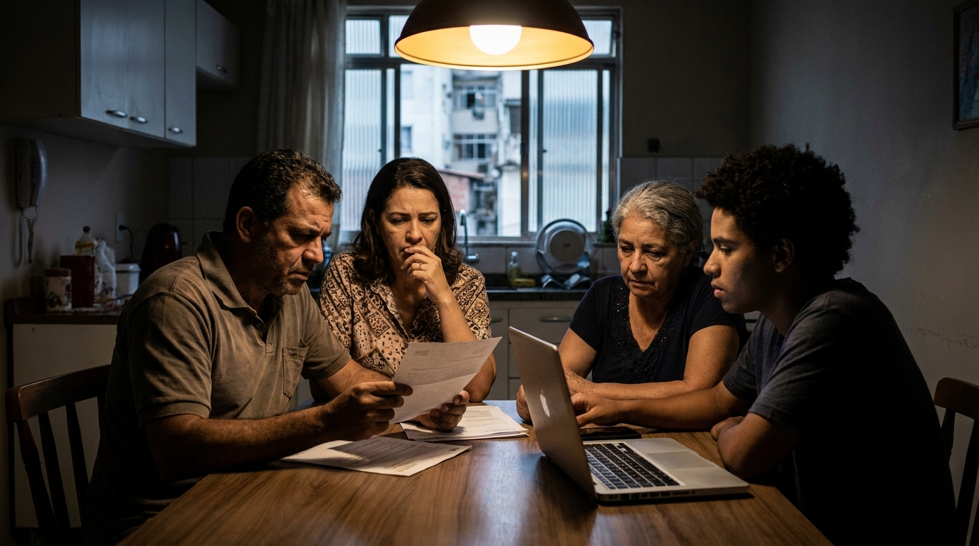 Família brasileira preocupada revisando notificação de negativa de cobertura do plano de saúde