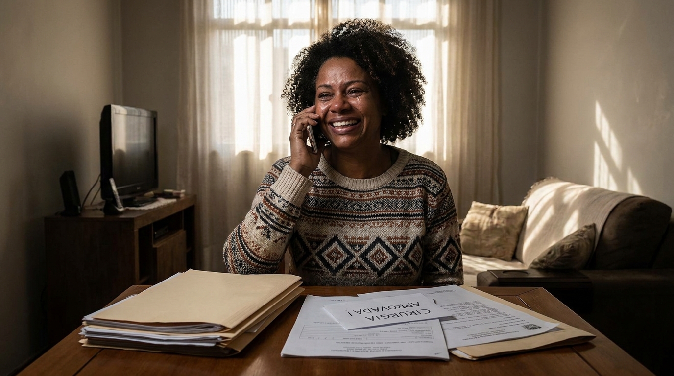 Mulher brasileira preta sorrindo aliviada ao telefone após conseguir liberação de cirurgia com advogado direito da saúde SP