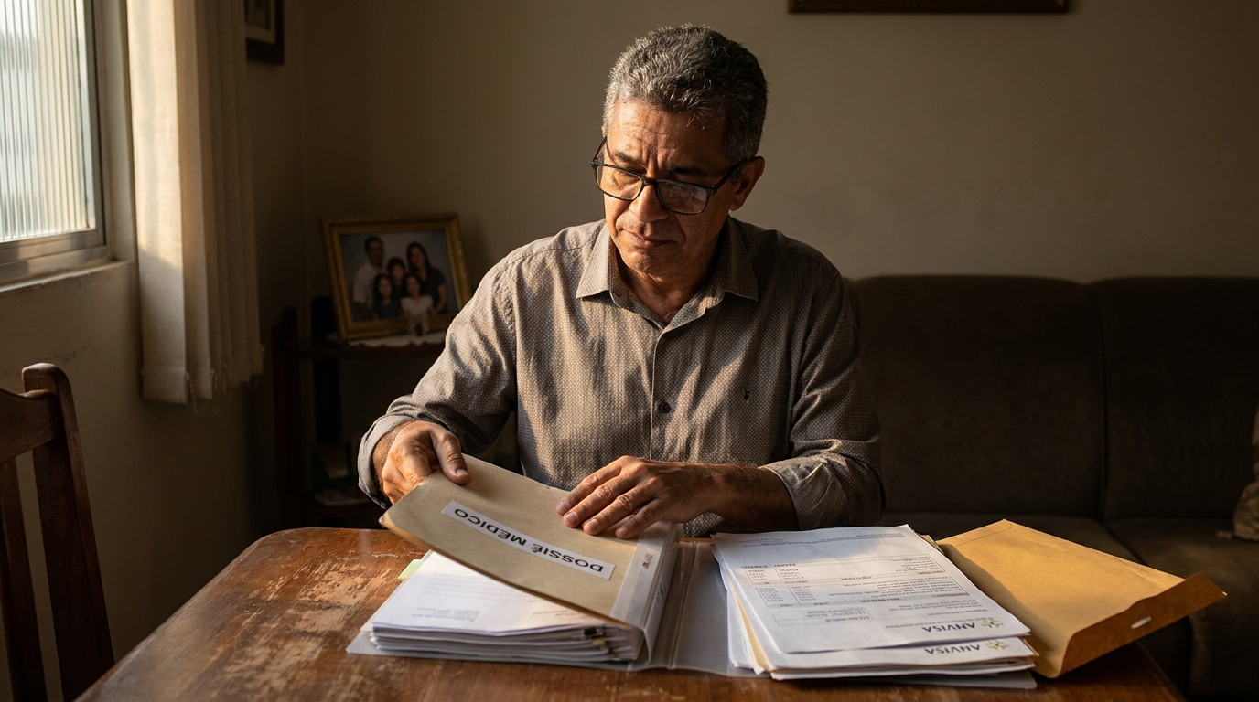 Homem brasileiro de meia idade guardando dossiê médico organizado em pasta após vitória contra plano de saúde